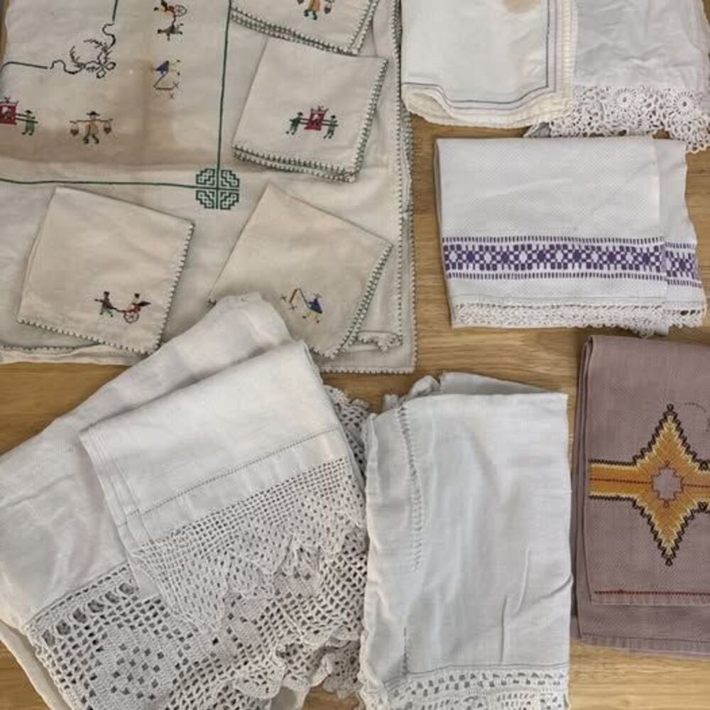 Lot Of 12 Vintage Hand Embroidered Table Linens & Runners Craft Upcycle Projects